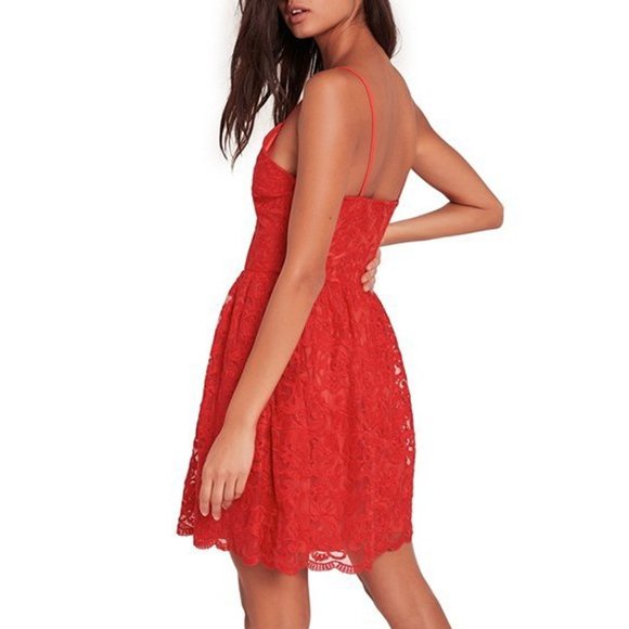 MISSGUIDED Red Lace Plunging Neckline Mini Skater Dress NWT Size 2 - Picture 2 of 4